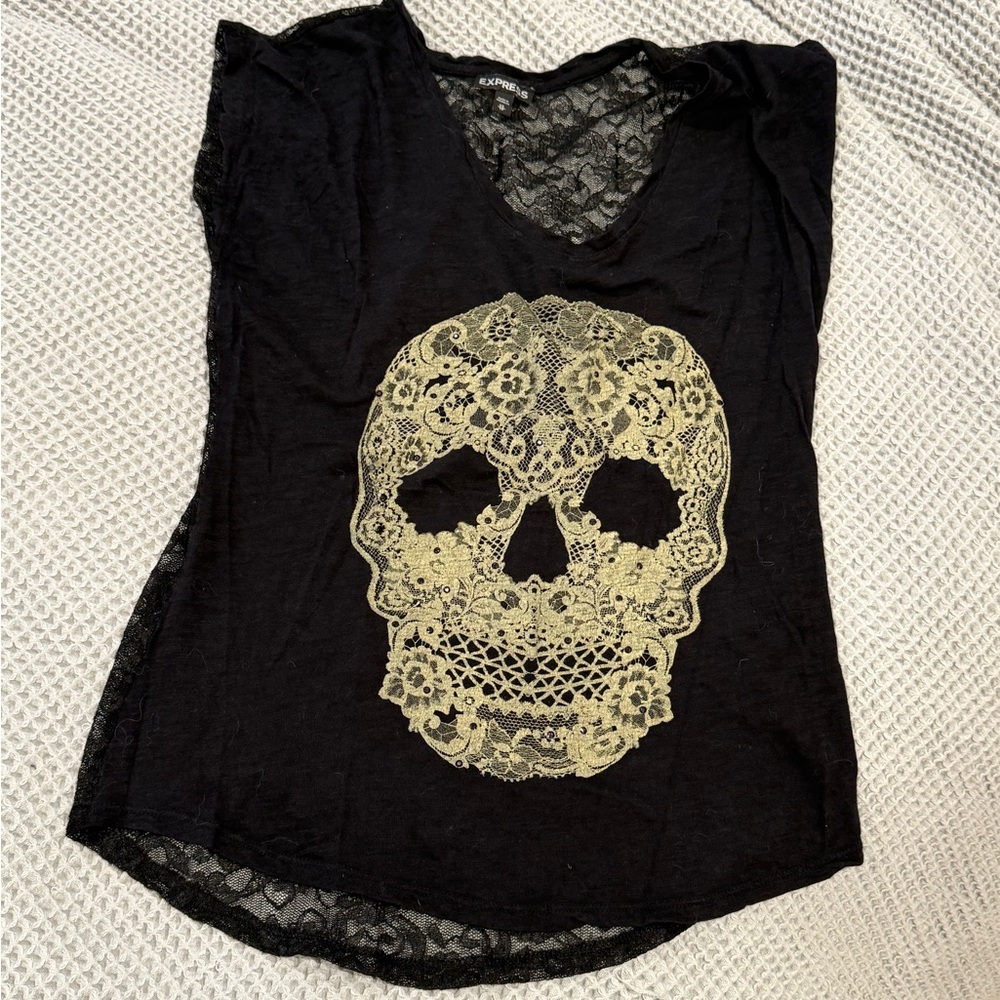 Express Black Top with Gold Skull Design